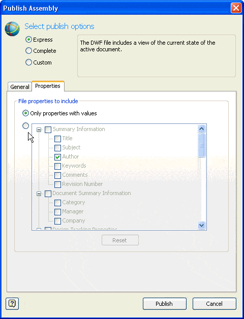 Properties tab of Publish Assembly dialog box